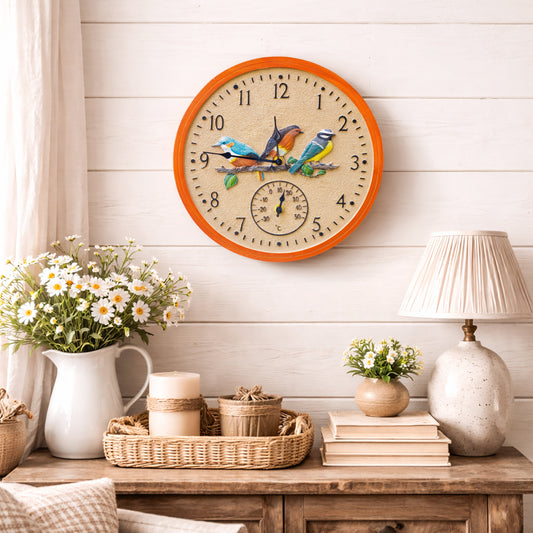 30cm Vintage Bird Wall Clock and Thermometer Weatherproof