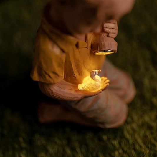 Solar Boy Garden Ornament LED Light Up Flashlight Duck Outdoor Stone Effect - Taylors Garden Buildings (view 2)