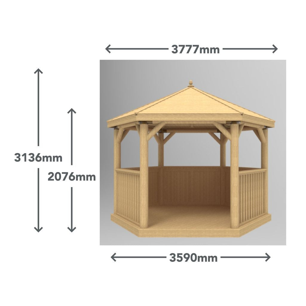 3.6m Premium Hexagonal Wooden Garden Gazebo with Thatched Roof – With Lining