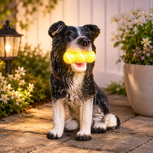Solar Dog Garden Ornament Light Up Tennis Balls Puppy Statue