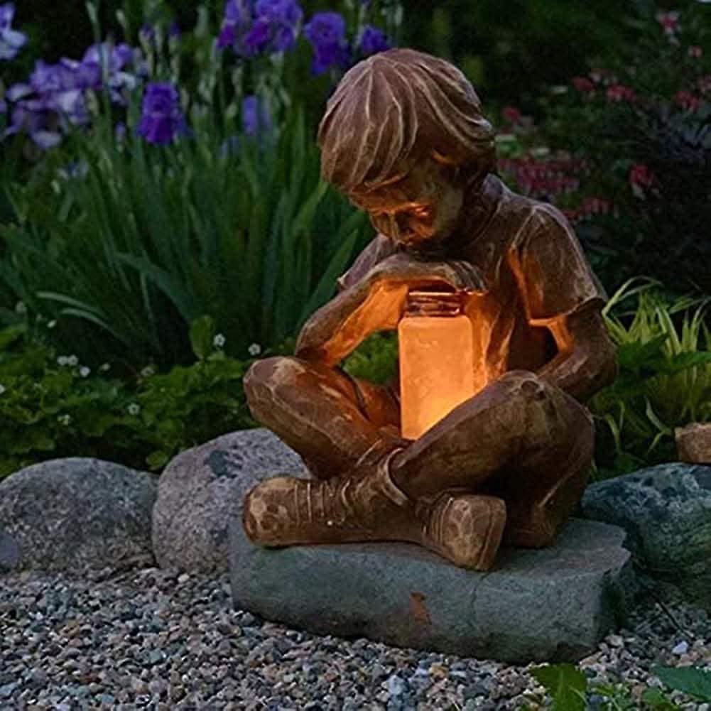 Solar Boy with Firefly Jar Garden Ornament LED Lantern Statue