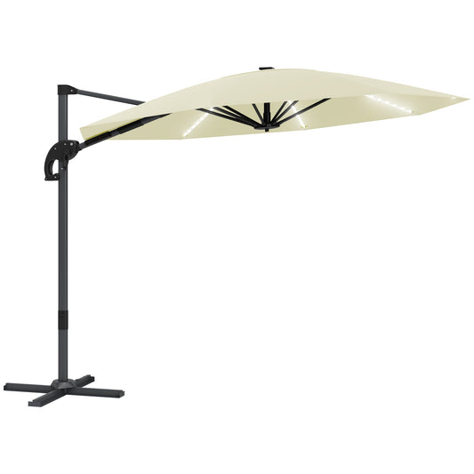 Outsunny 3(m) Garden Parasol w/ Lights, Crank Handle & Cross Base - Cream - Taylors Garden Buildings