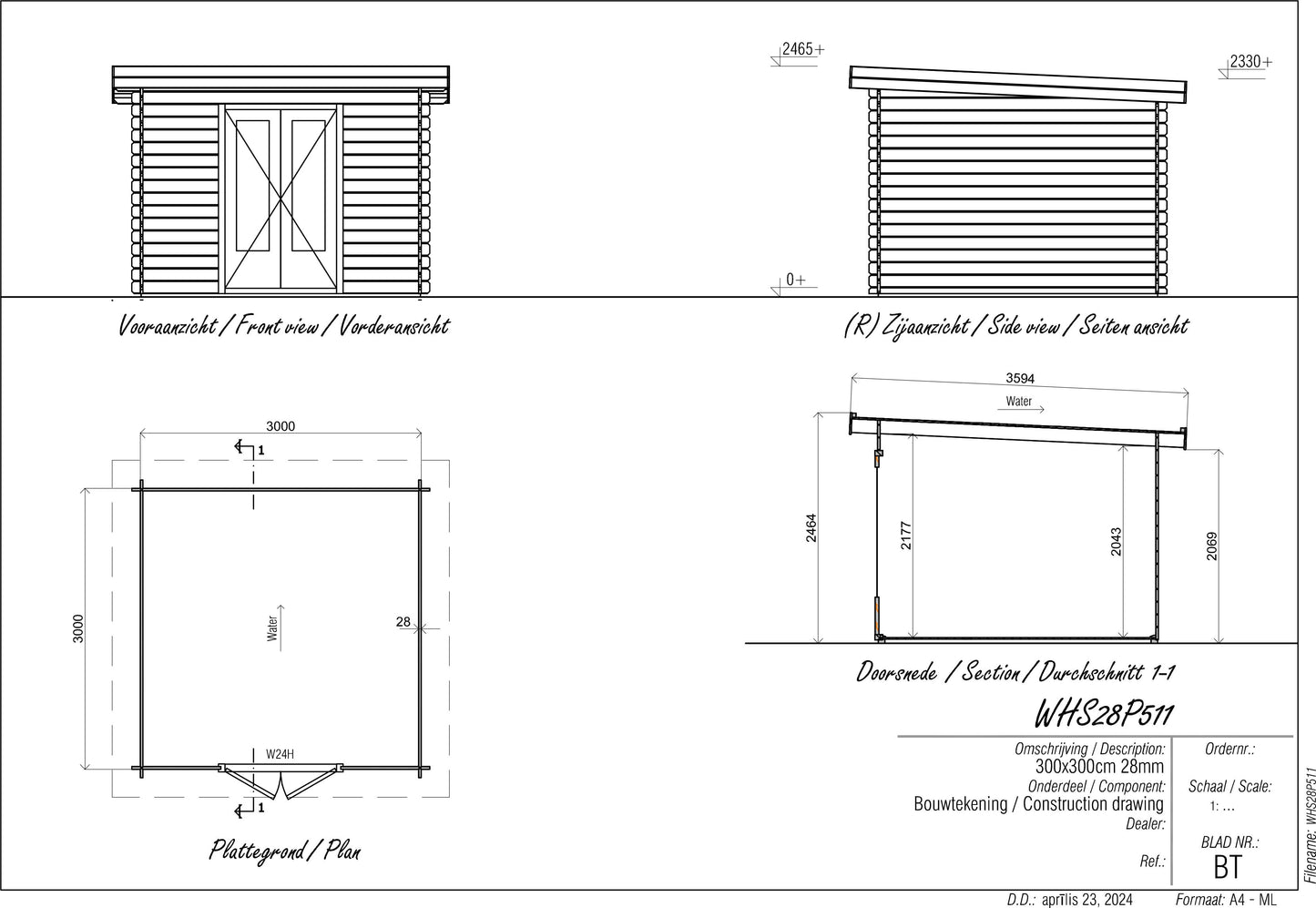 Pent 3m x 3m Log Cabin