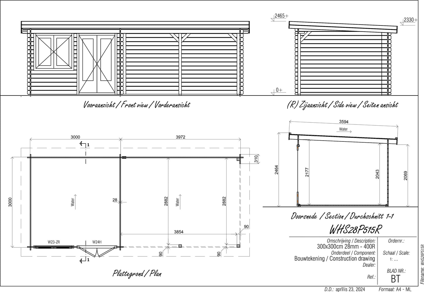 Pent 3m x 3m Log Cabin with 4m Canopy