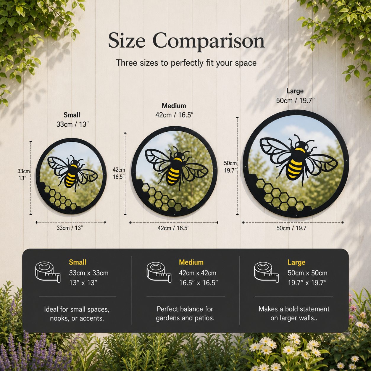 SunCatcher Garden Mirror Round Yellow Honey Bee Range of Sizes