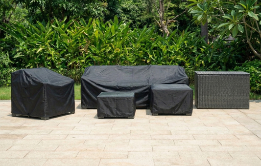 Marbella Grey 5 Seater Chaise Garden Sofa Set, Cover and Cushion Box Bundle - Taylors Garden Buildings (view 2)