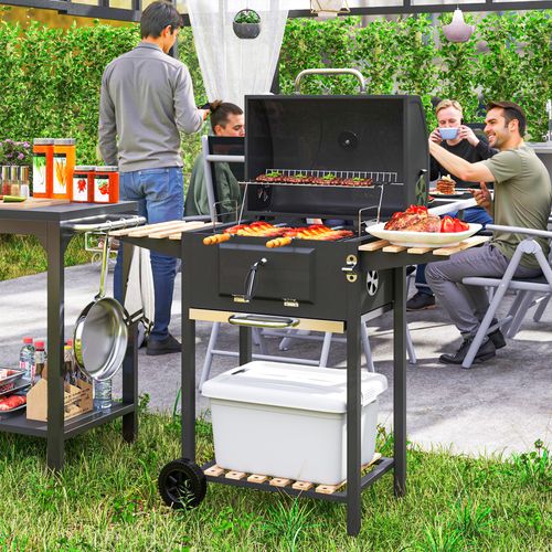Outsunny Charcoal BBQ Grill with Warming Rack 3 Shelves Temperature Gauge