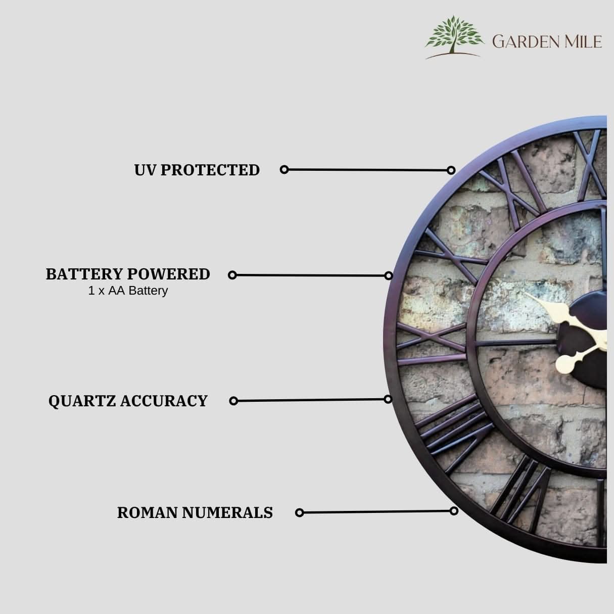 50cm Black Garden Wall Clock Waterproof Roman Numeral Design