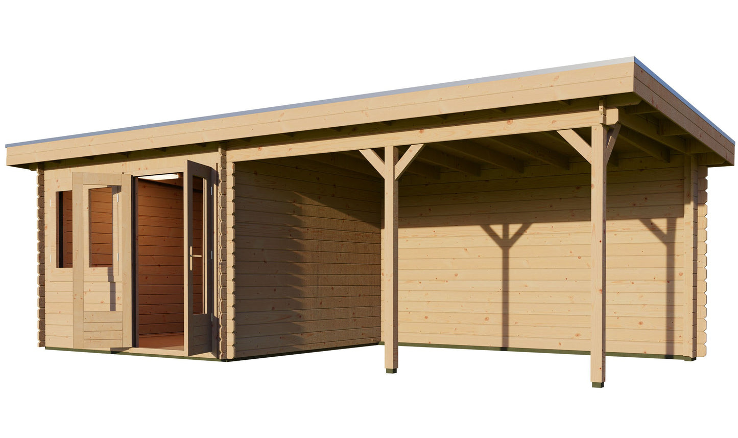 Pent 3m x 3m Log Cabin with 4m Canopy