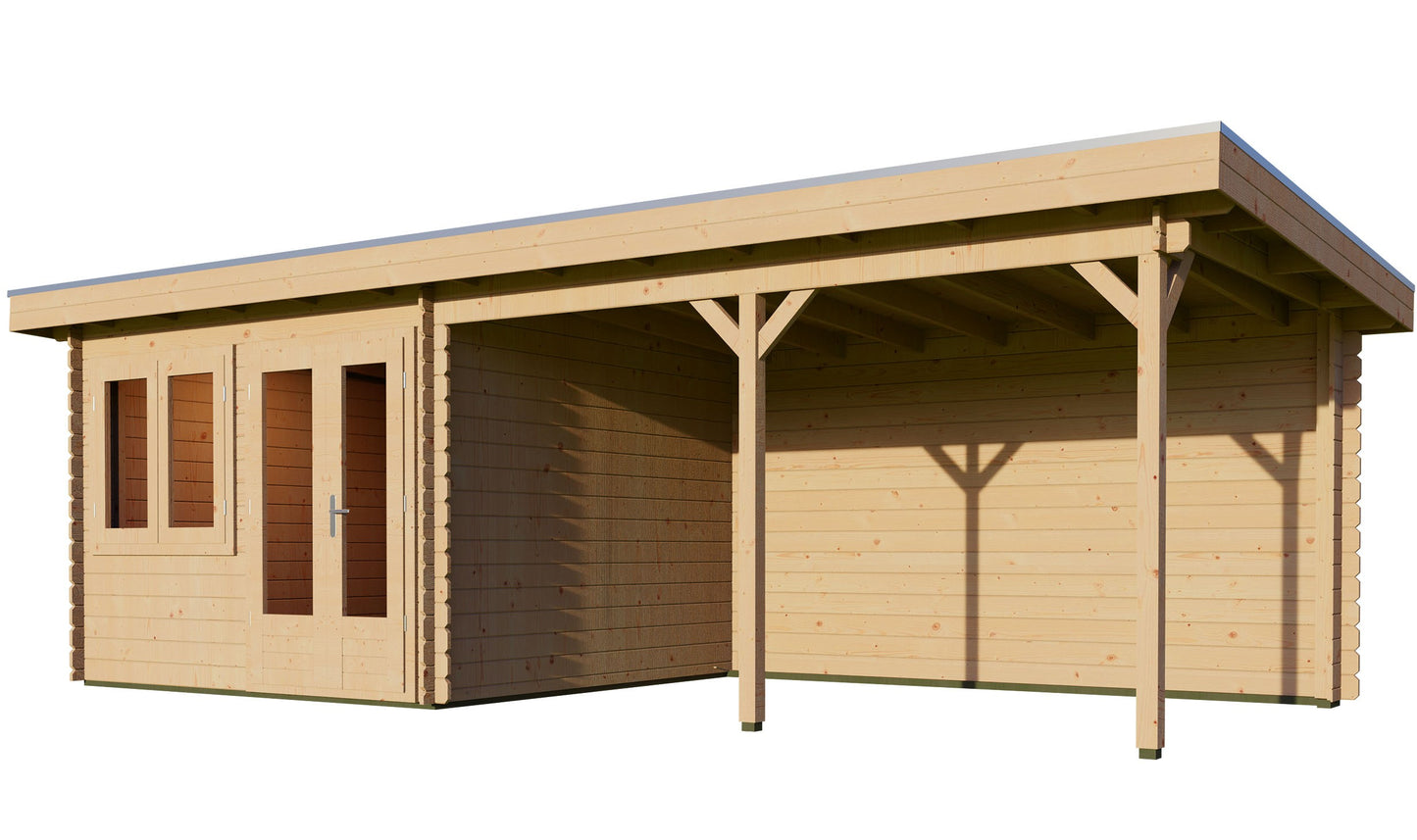 Pent 3m x 3m Log Cabin with 4m Canopy