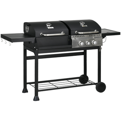 Outsunny Dual Fuel BBQ Grill with Wheels, Warming Rack, Black