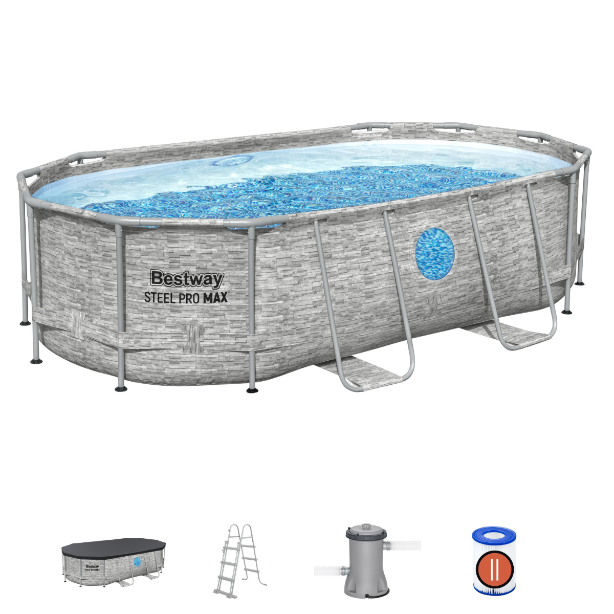 Bestway 14ft x 8ft 2" x 39.5" Oval Steel Pro MAX™ Splashview Above Ground Swimming Pool, Filter Pump & Accessories