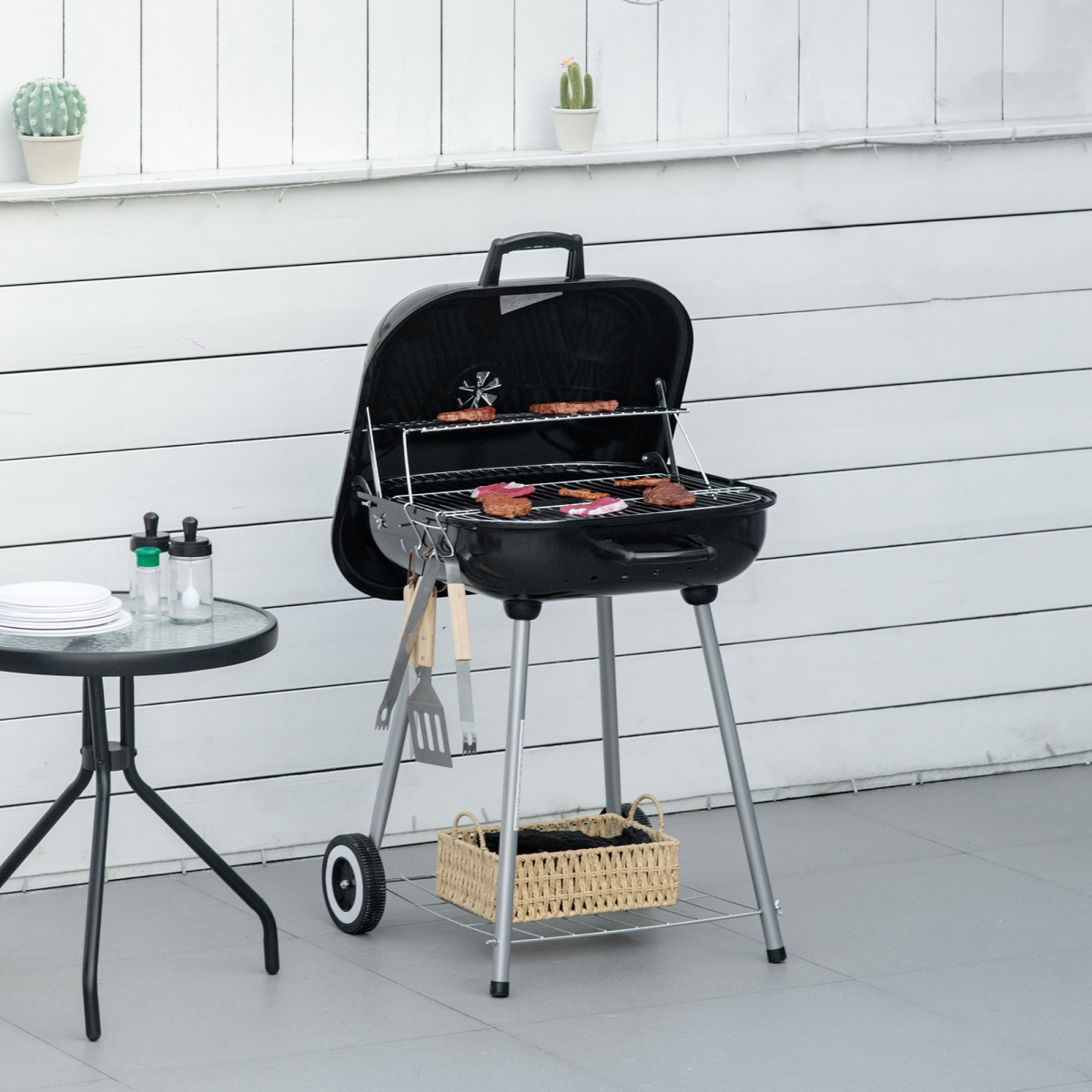 Outsunny BBQ Charcoal Smoker Grill Trolley with 2 Wheels and Grilling Utensils