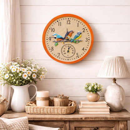 30cm Vintage Bird Wall Clock and Thermometer Weatherproof