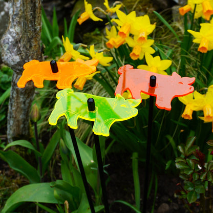 Set of 3 Glowing Medium Pigs SunCatcher Garden Decor Stakes