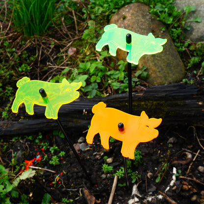 Set of 3 Glowing Medium Pigs SunCatcher Garden Decor Stakes