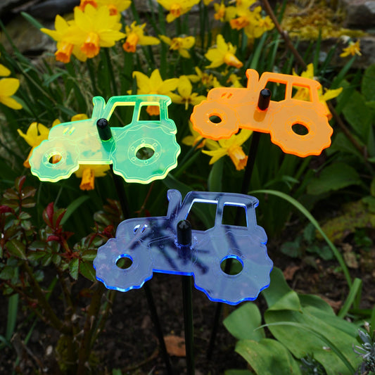 Set of 3 Glowing Medium Tractors SunCatcher Garden Decor Stakes