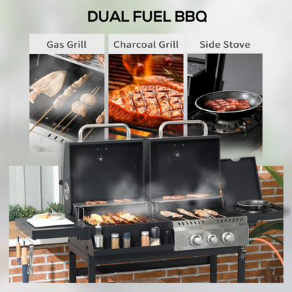 Outsunny Dual Fuel BBQ Grill with Wheels, Warming Rack, Black