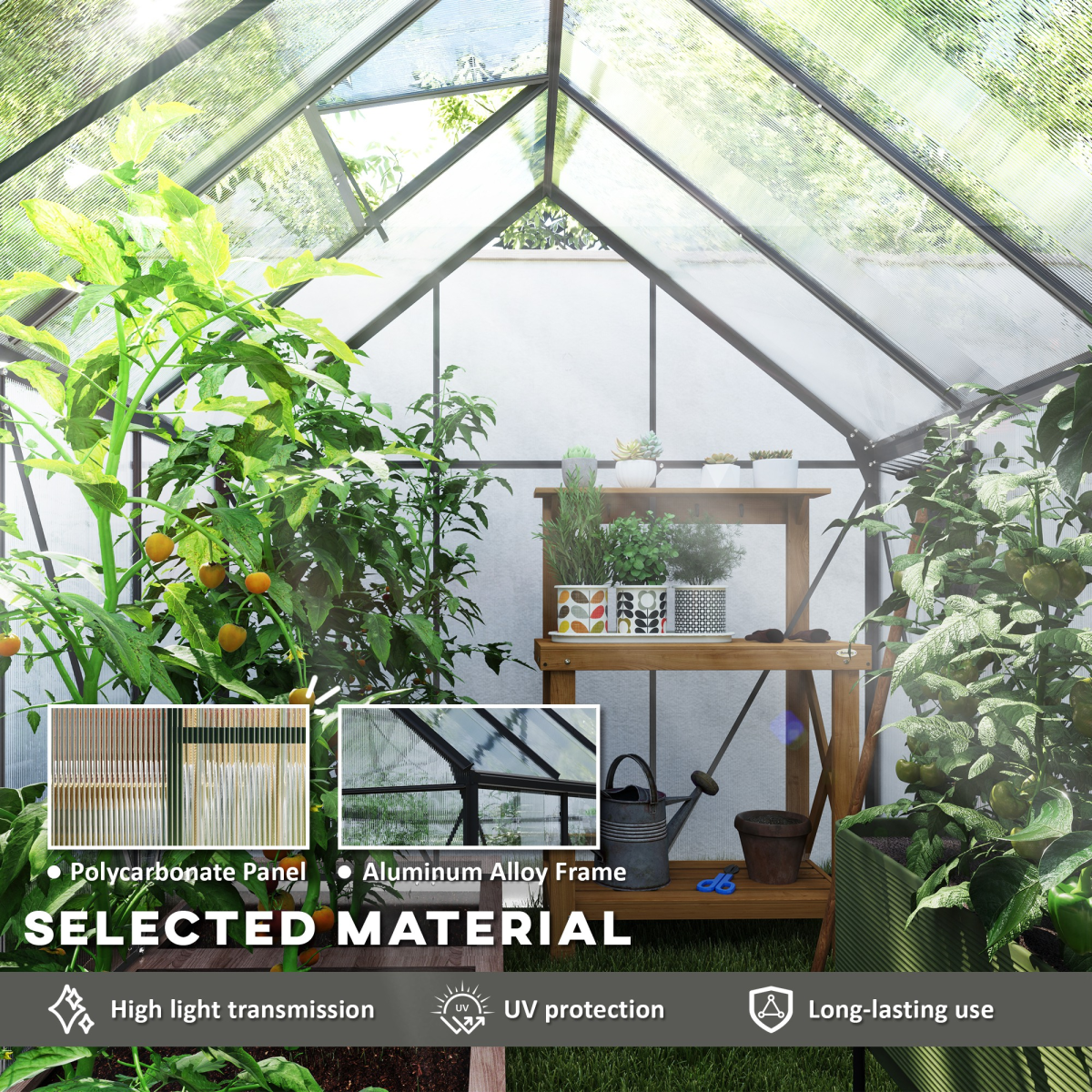 Outsunny Polycarbonate Walk-in Garden Greenhouse w/ Sliding Door Dark Grey