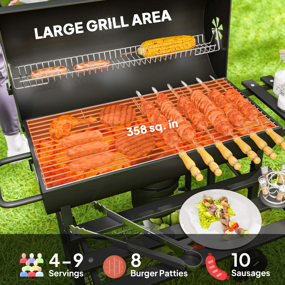 Outsunny Charcoal BBQ Grill with Warming Rack Shelves Temperature Gauge