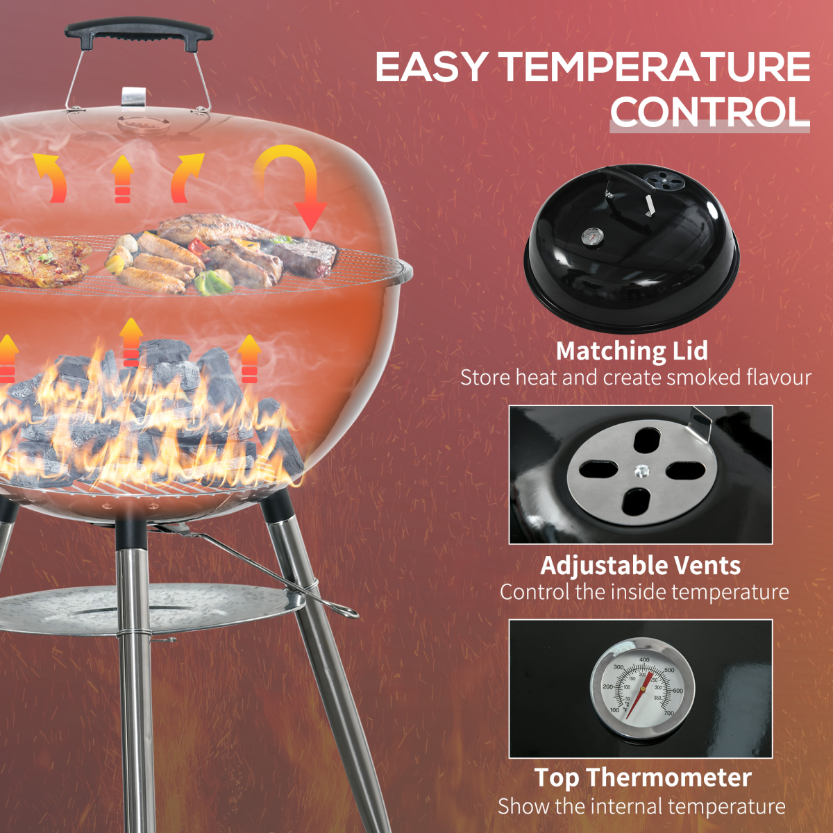Outsunny Portable Kettle Charcoal Grill BBQ Smoker w/ Cover, Lid, & Thermometer