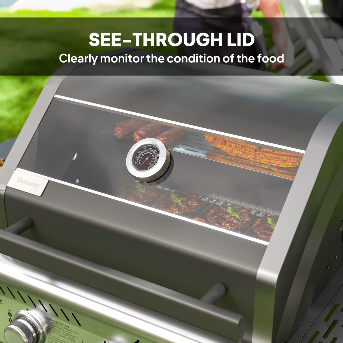 Outsunny 3 Burner Propane Gas BBQ Grill with See-through Lid and Thermometer