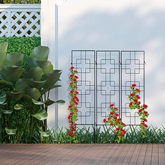 Relaxdays Metal Trellis, Set of 3, Push In, Support for Climbing Plants, Garden, Patio & Balcony, 122 x 30.5 cm, Black, Steel, 3er Pack