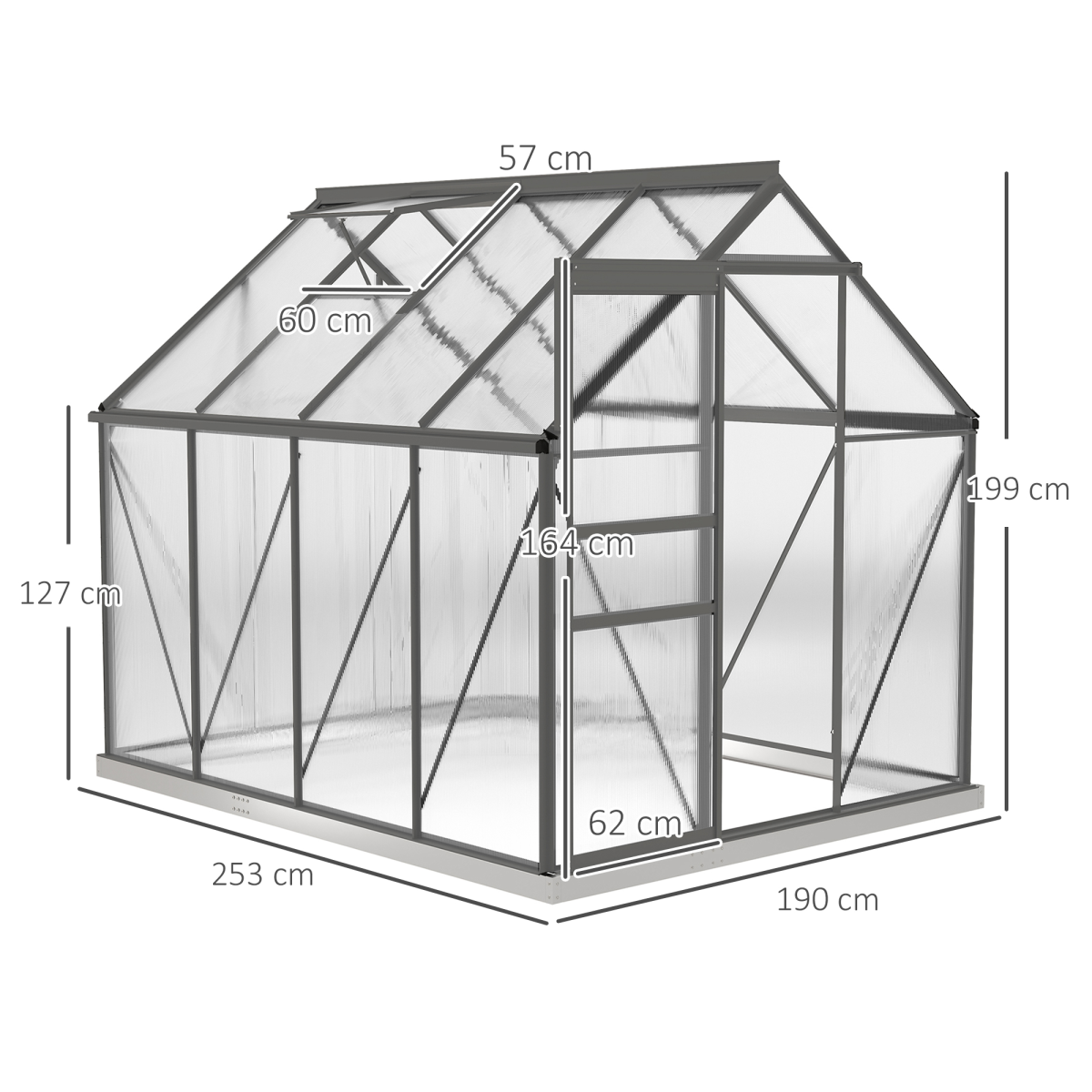 Outsunny Polycarbonate Walk-in Garden Greenhouse w/ Sliding Door Dark Grey