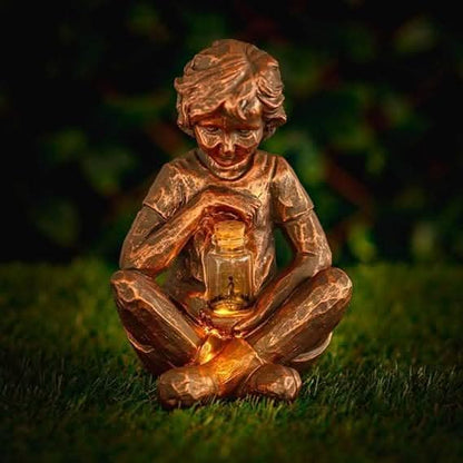 Boy with Light Up Firefly Jar Solar-Powered Garden Ornament