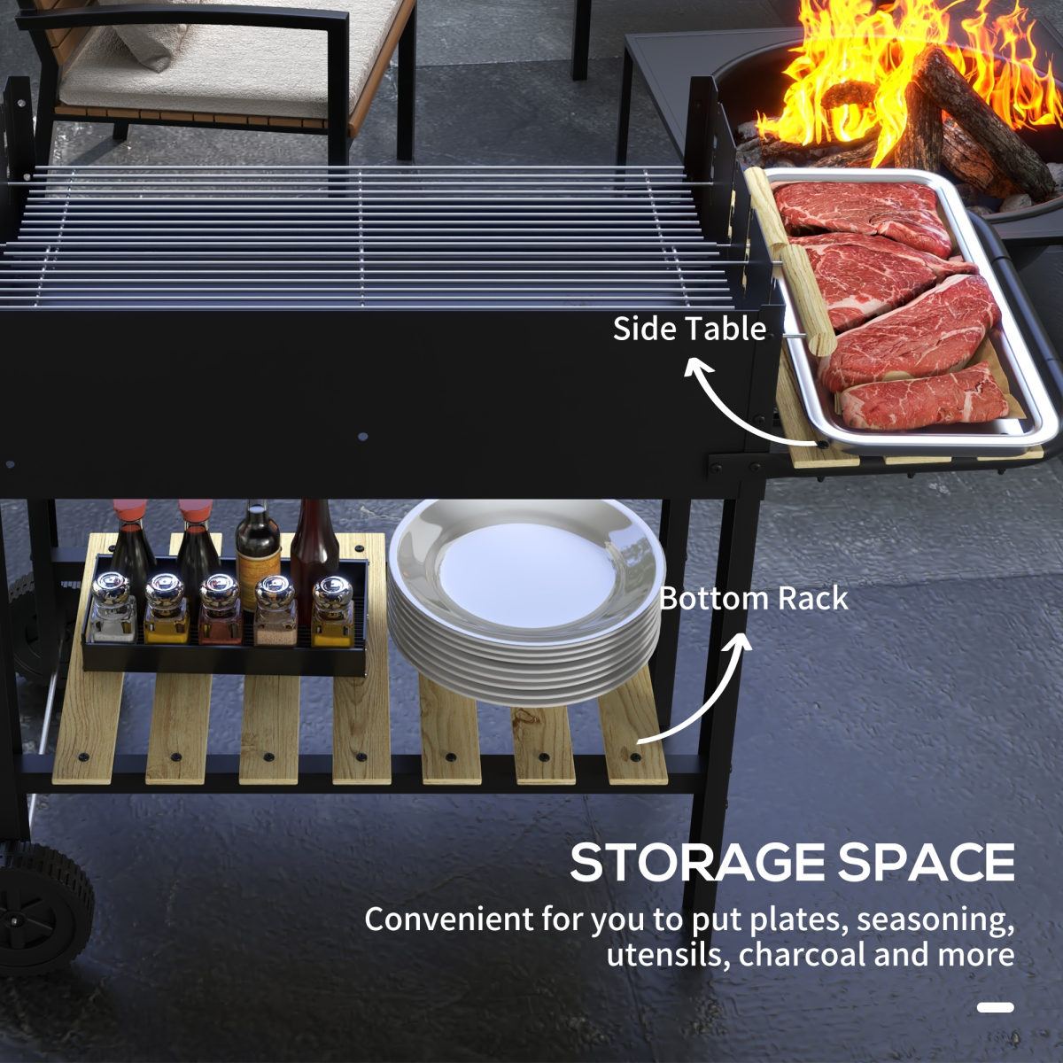 Outsunny Charcoal BBQ Grill with Side Table, Storage Shelf and Wheels