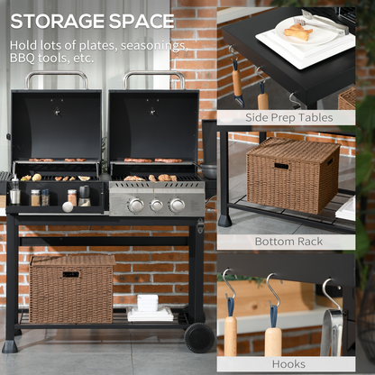 Outsunny Dual Fuel BBQ Grill with Wheels, Warming Rack, Black