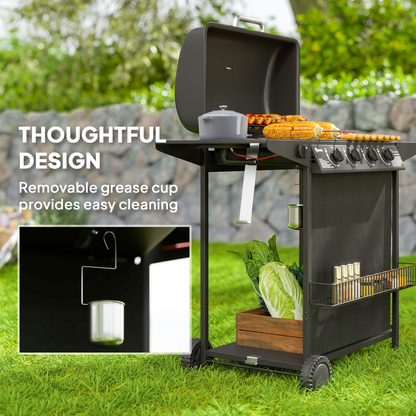 Outsunny 5 Burner Gas Barbecue Grill Portable Gas BBQ Grill with Lid, Black