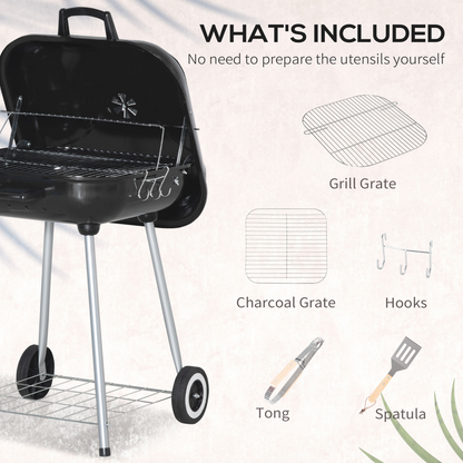 Outsunny BBQ Charcoal Smoker Grill Trolley with 2 Wheels and Grilling Utensils