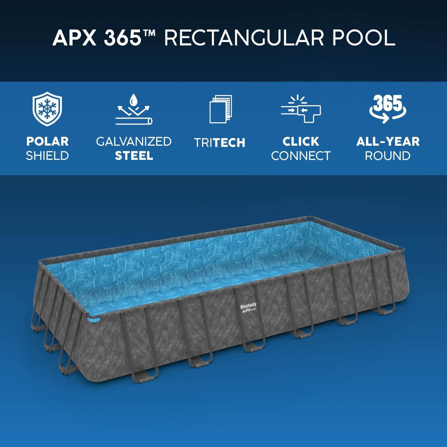 Bestway 24ft x 12ft x 52" Rectangular APX 365 Above Ground Swimming Pool, Polysphere Filter Pump & Accessories