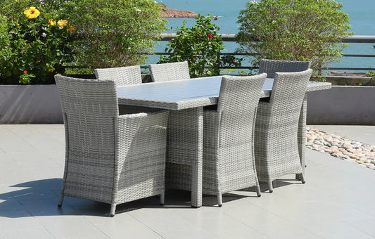 Bridgetown 6 Seater Rectangular Rattan and Polywood Grey Garden Dining Set 200cm