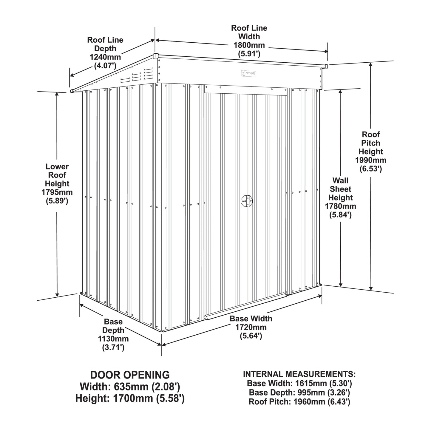 6 x 3 Globel Pent Metal Shed - Green or Grey