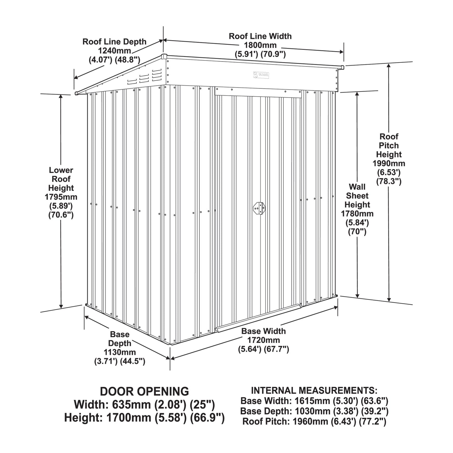 6 x 4 Globel Pent Metal Shed - Green or Grey
