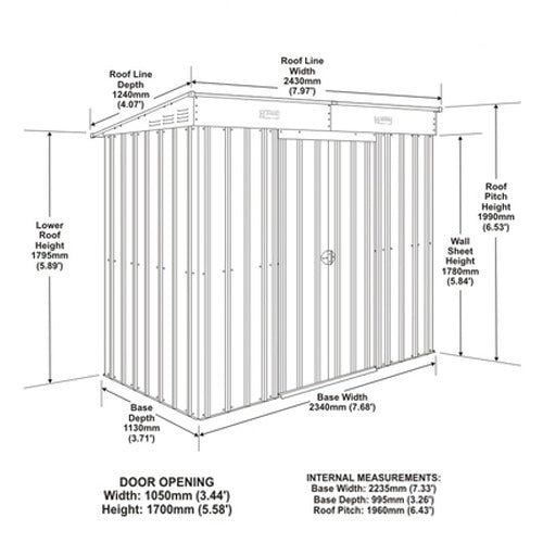 8 x 4 Globel Pent Metal Shed - Green or Grey