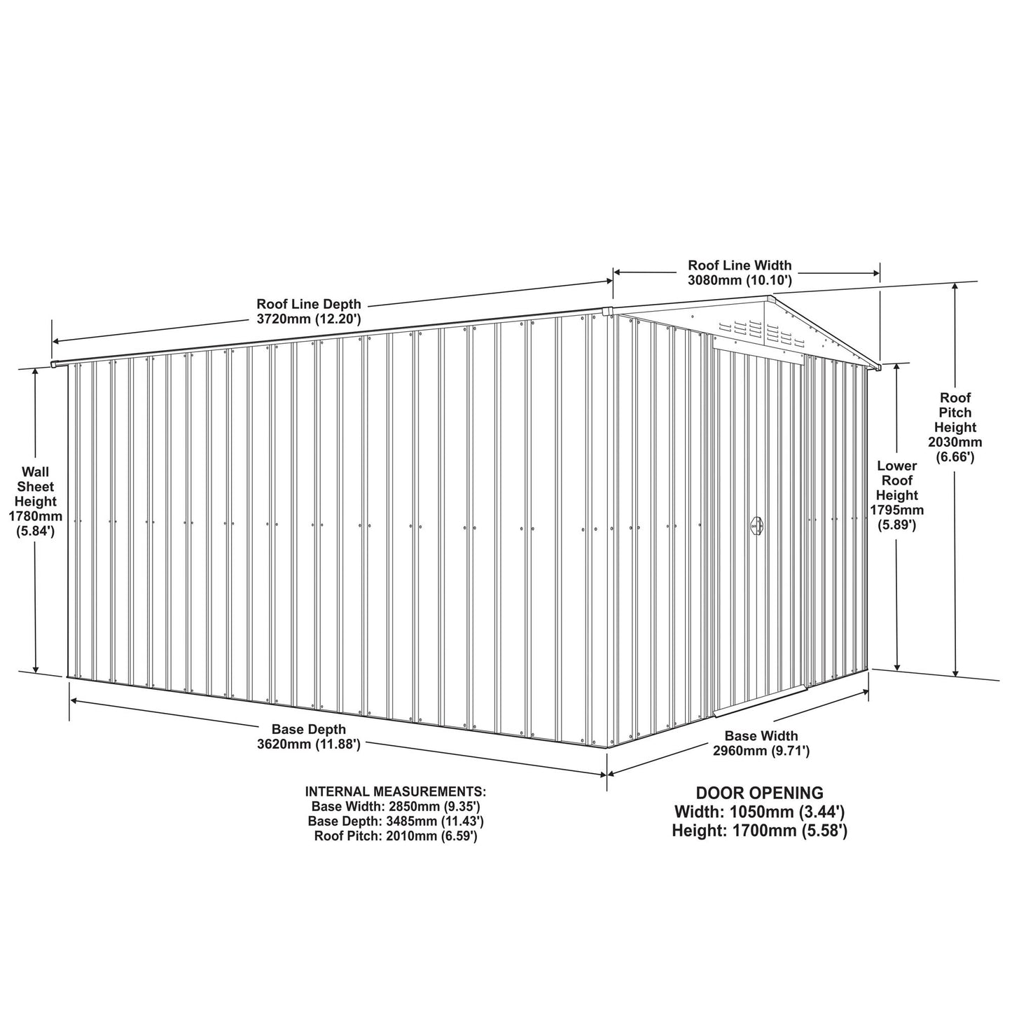 10 x 12 Globel Apex Metal Shed - Green or Grey