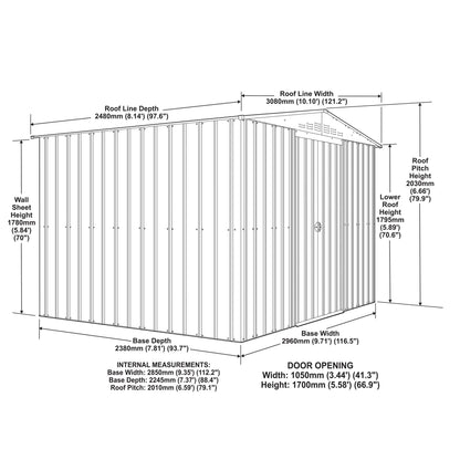 10 x 8 Globel Apex Metal Shed - Green or Grey