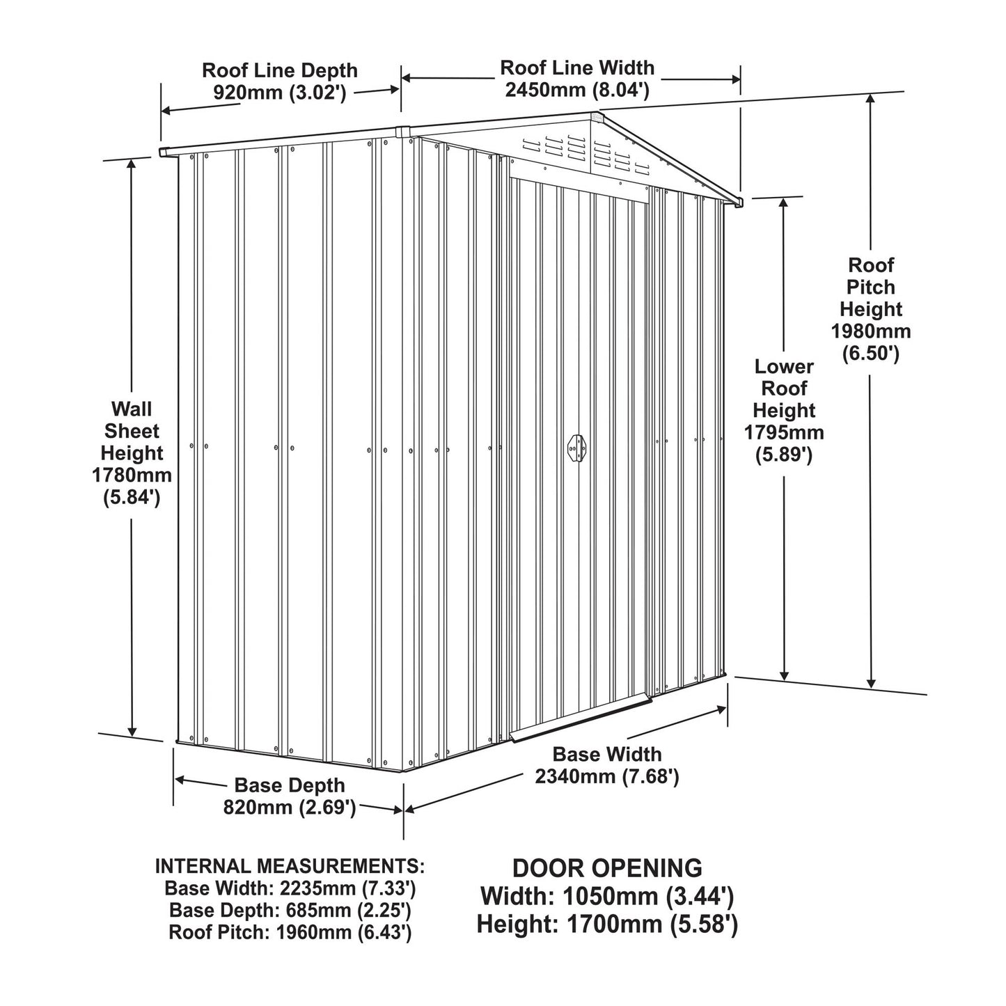 8 x 3 Globel Apex Metal Shed - Green or Grey