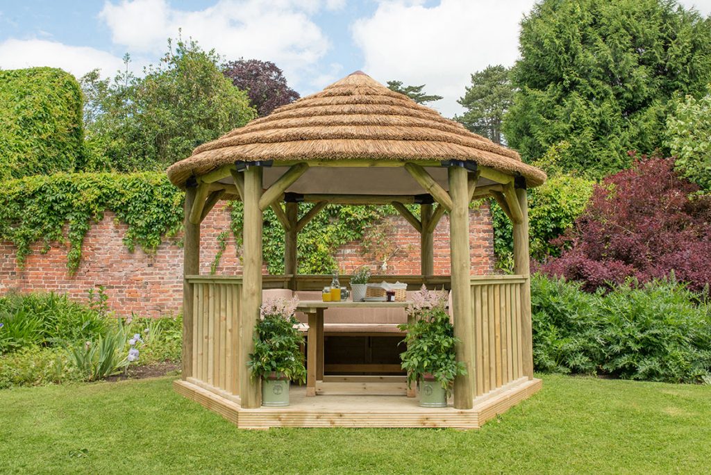 3.6m Premium Hexagonal Wooden Garden Gazebo with Thatched Roof – Furnished