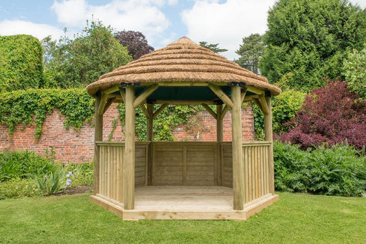 3.6m Premium Hexagonal Wooden Garden Gazebo with Thatched Roof – With Lining