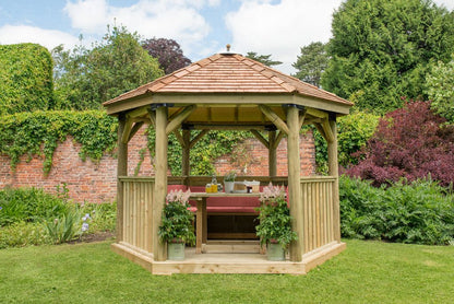 3.6m Premium Hexagonal Wooden Garden Gazebo with Cedar Roof – Furnished