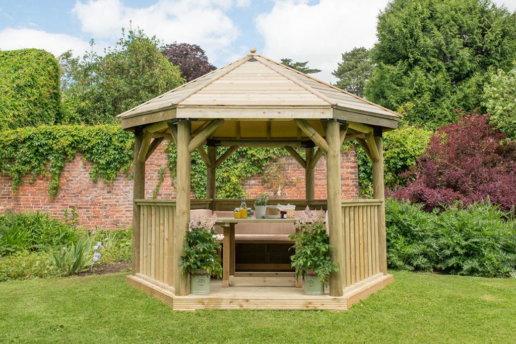 3.6m Premium Hexagonal Wooden Garden Gazebo with Timber Roof – Furnished