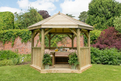 3.6m Premium Hexagonal Wooden Garden Gazebo with Timber Roof – Furnished