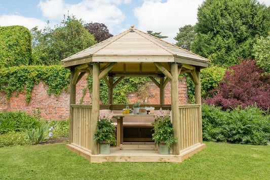 3.6m Premium Hexagonal Wooden Garden Gazebo with Timber Roof – Furnished