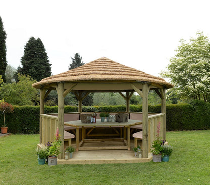 4.7m Premium Hexagonal Wooden Garden Gazebo with Thatched Roof – Furnished