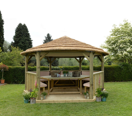 4.7m Premium Hexagonal Wooden Garden Gazebo with Thatched Roof – Furnished