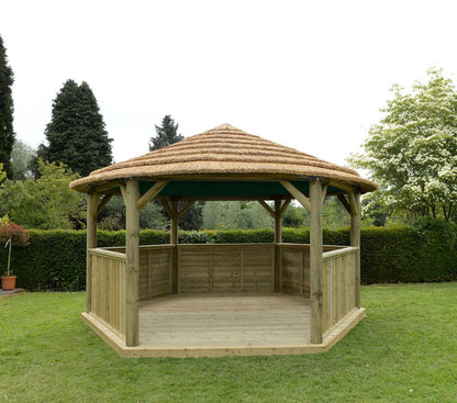 4.7m Premium Hexagonal Wooden Garden Gazebo with Thatched Roof – With Lining